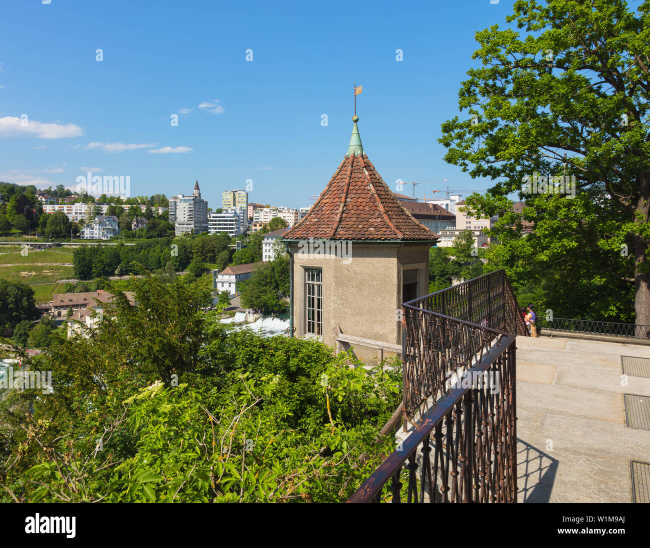 Laufen, Switzerland - June 7, 2019: view from the Laufen Castle, buildings of the town of Neuhausen am Rheinfall in the background. Laufen Castle (Ger Stock Photo