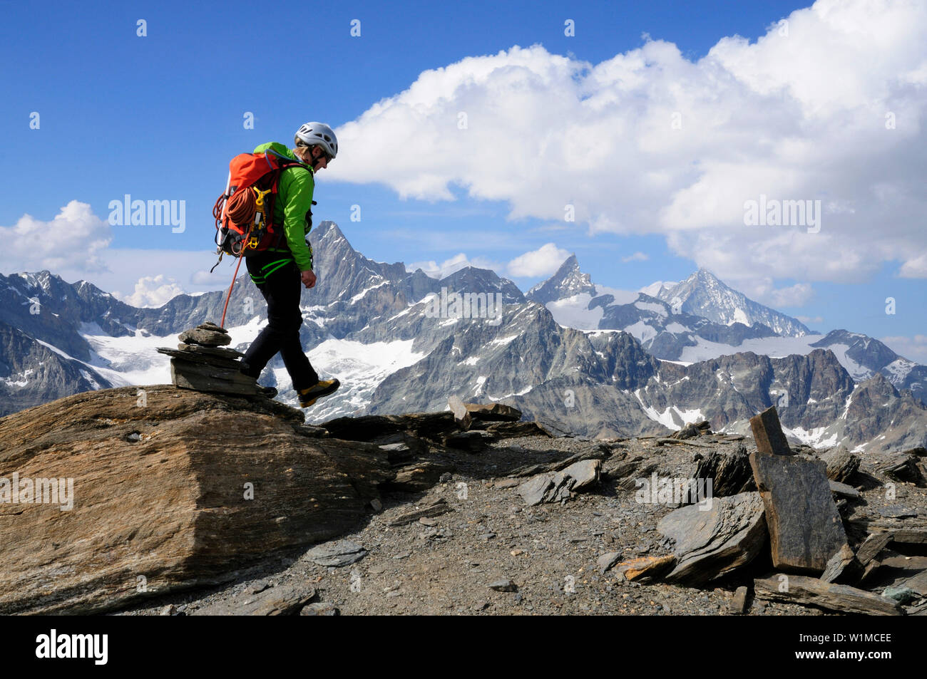 Mountaineer shortly before back to the Hörnli-Hut, Wallis, Switzerland Stock Photo