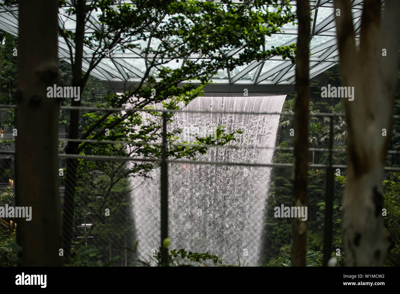 Close up of the world's biggest artificial indoor waterfall in Jewel
