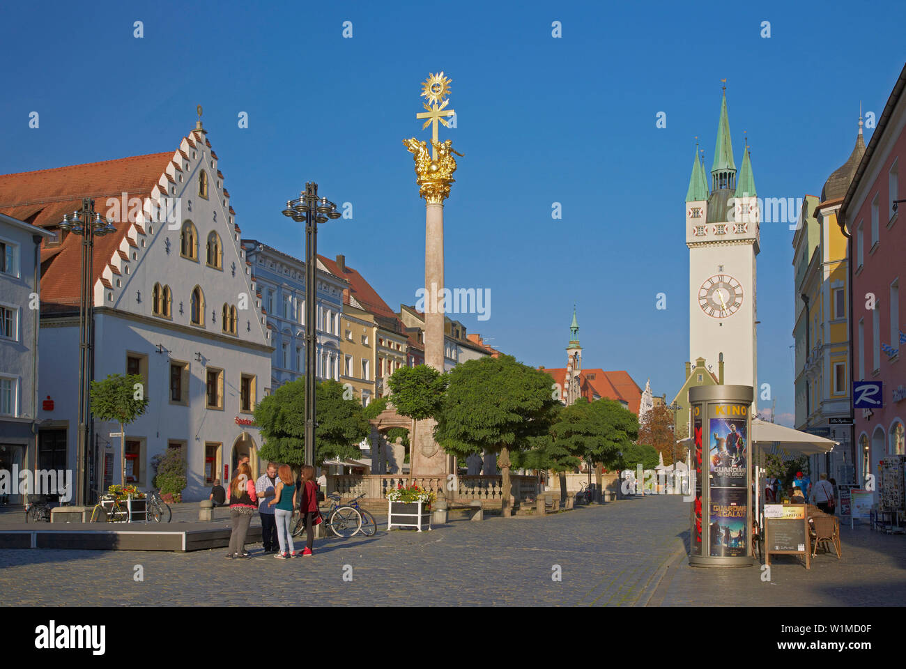 Theresienplatz and Stadtturm and Dreifaltigkeitssäule at Straubing , Bavaria , Germany , Europe Stock Photo