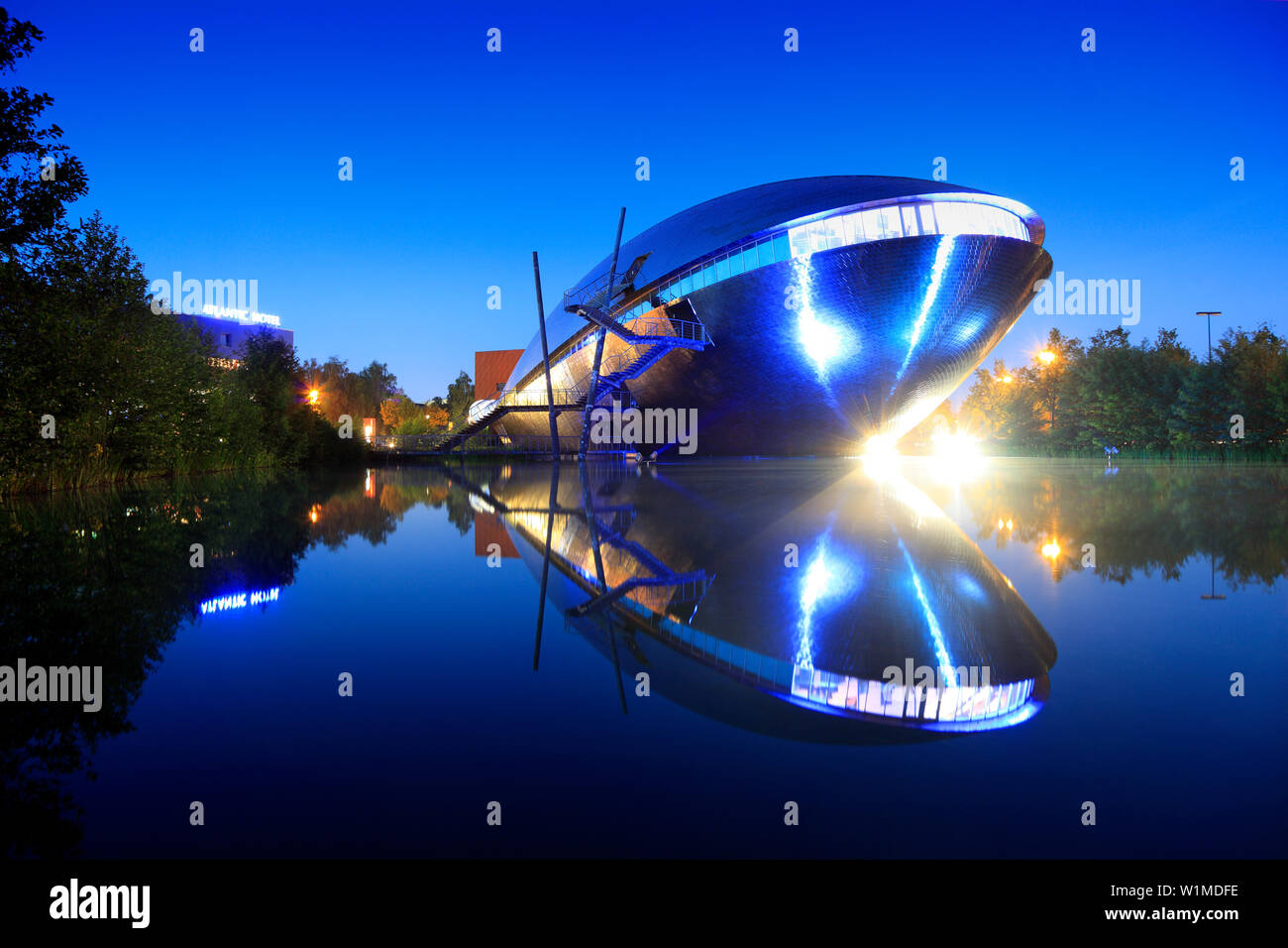 The illuminated science museum Universum in the evening, Hanseatic City of Bremen, Germany, Europe Stock Photo