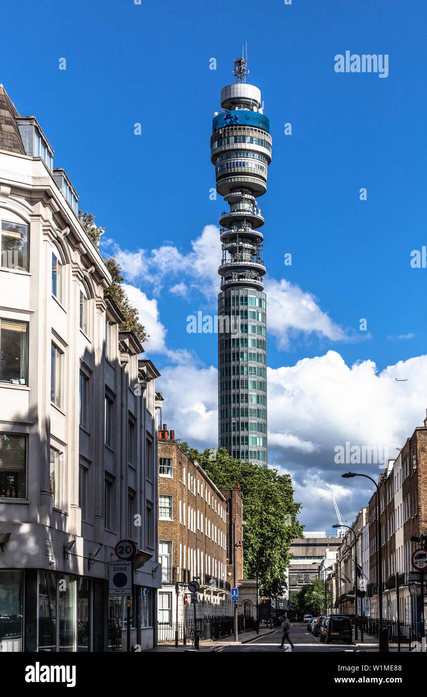 The BT Tower and the University College Hospital seen from Euston Road, London, England, UK. Stock Photo
