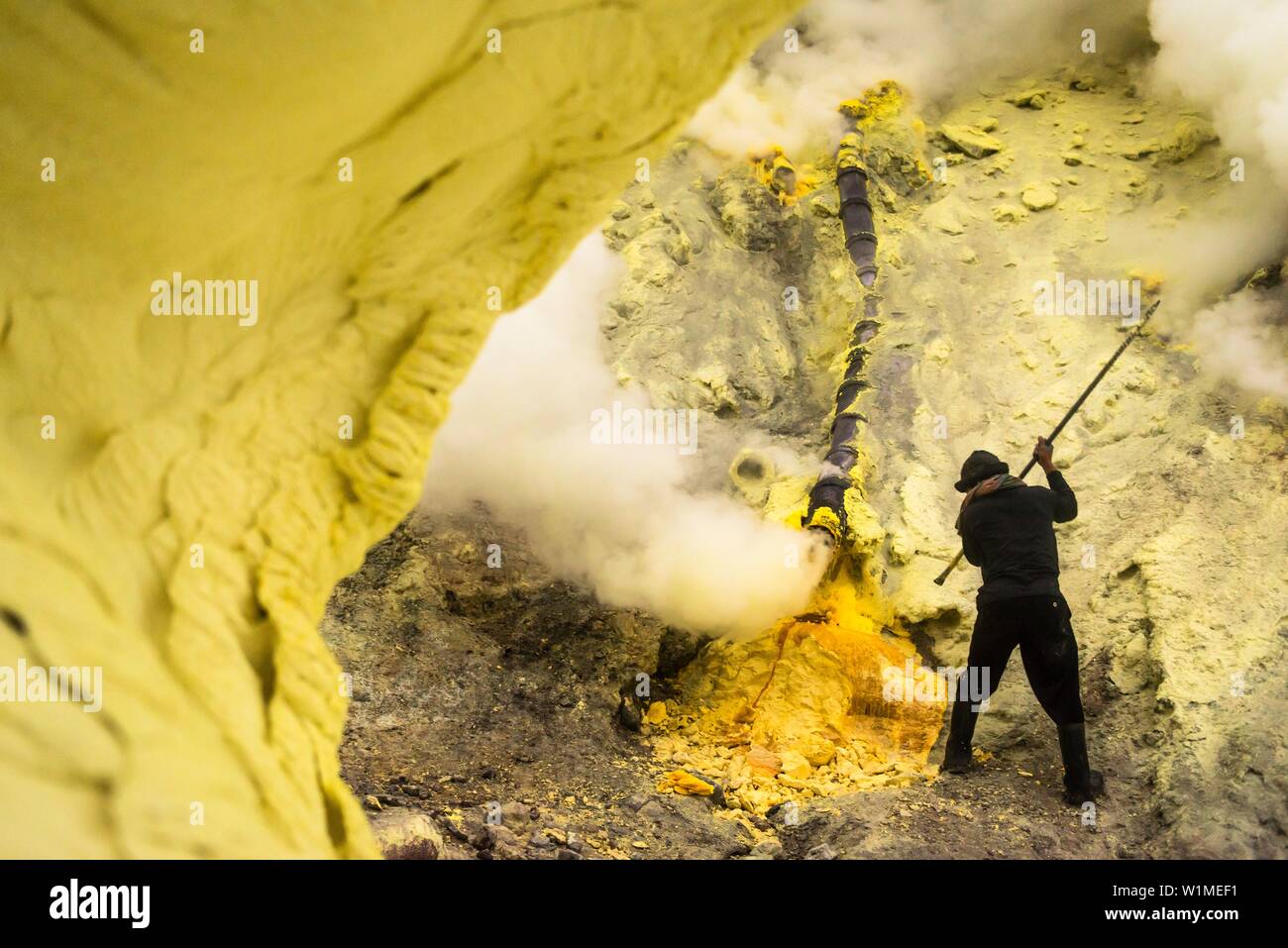 Minerworker exposed to toxic sulfur gas of the mine (devil’s mine) inside the volcano Ijen on the island of Java and using a crowbar for taking down s Stock Photo
