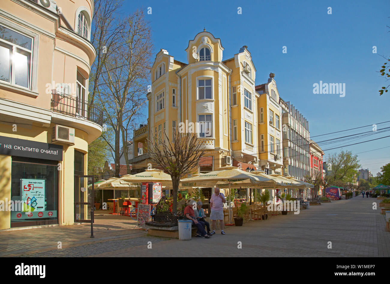 Business street at Russe (Pyce) at Pl. Svoboda (Freedom Square) , River Danube , Bulgaria , Europe Stock Photo