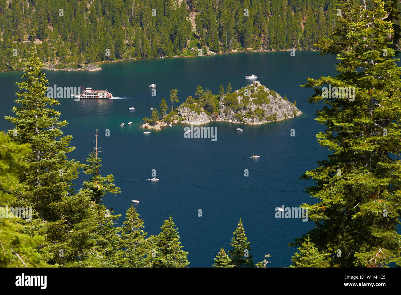 Lake Tahoe , Sternwheeler , Emerald Bay and Fannette Island , California , U.S.A. , America Stock Photo