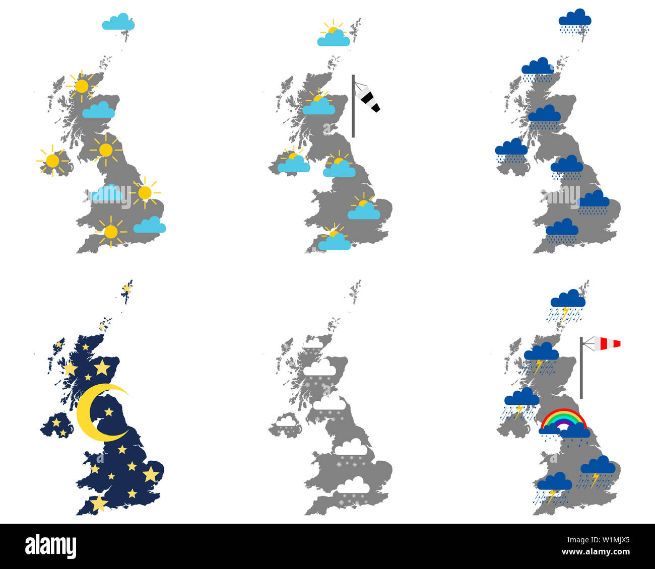 Maps of Great Britain with various weather symbols Stock Photo