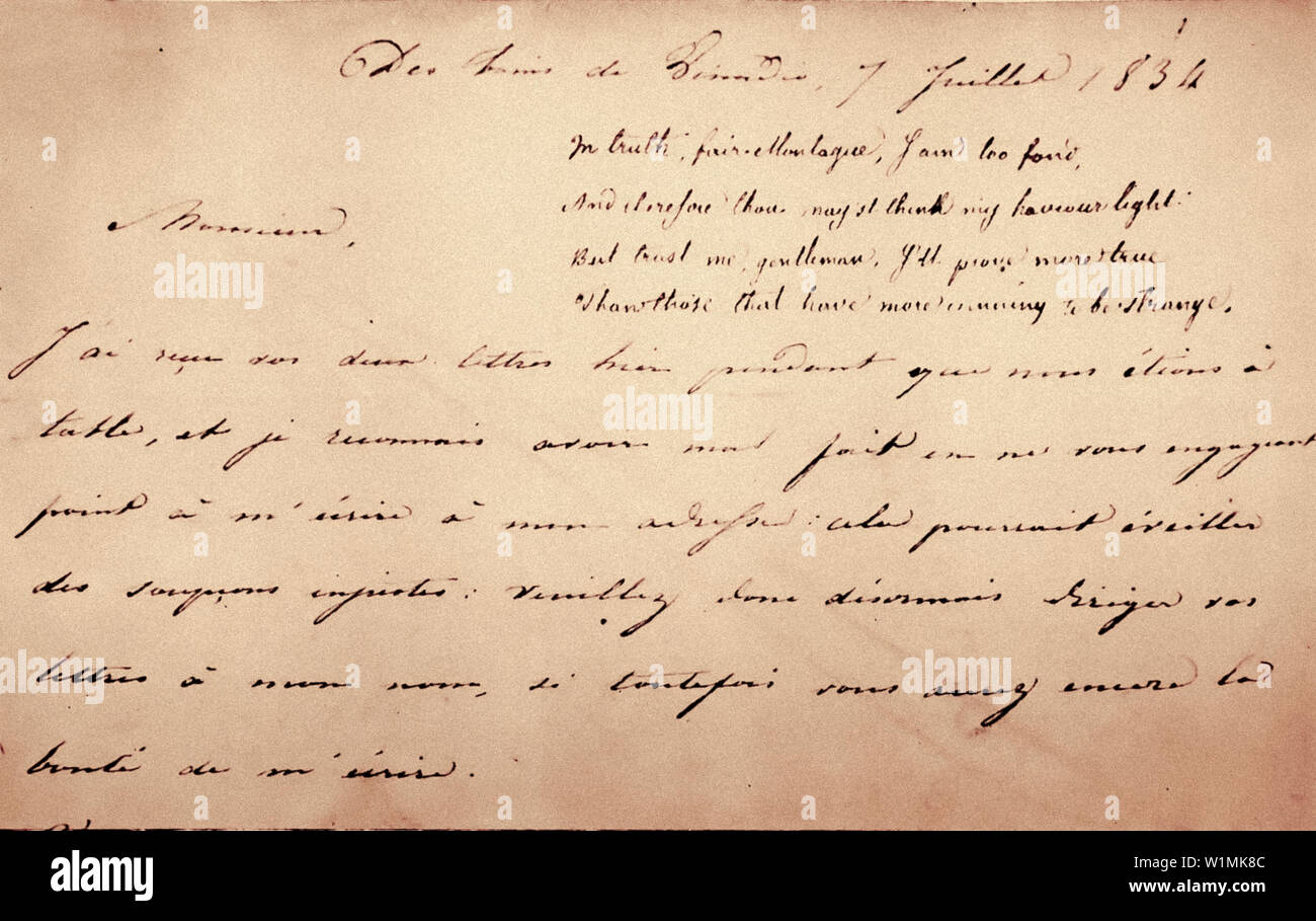 Letter from 'Nina' Anna Schiaffino Giustiniani to Camillo Benso, future count of Cavour, on which he transcribes us verses of Shakespear 7th  July 1834 Stock Photo