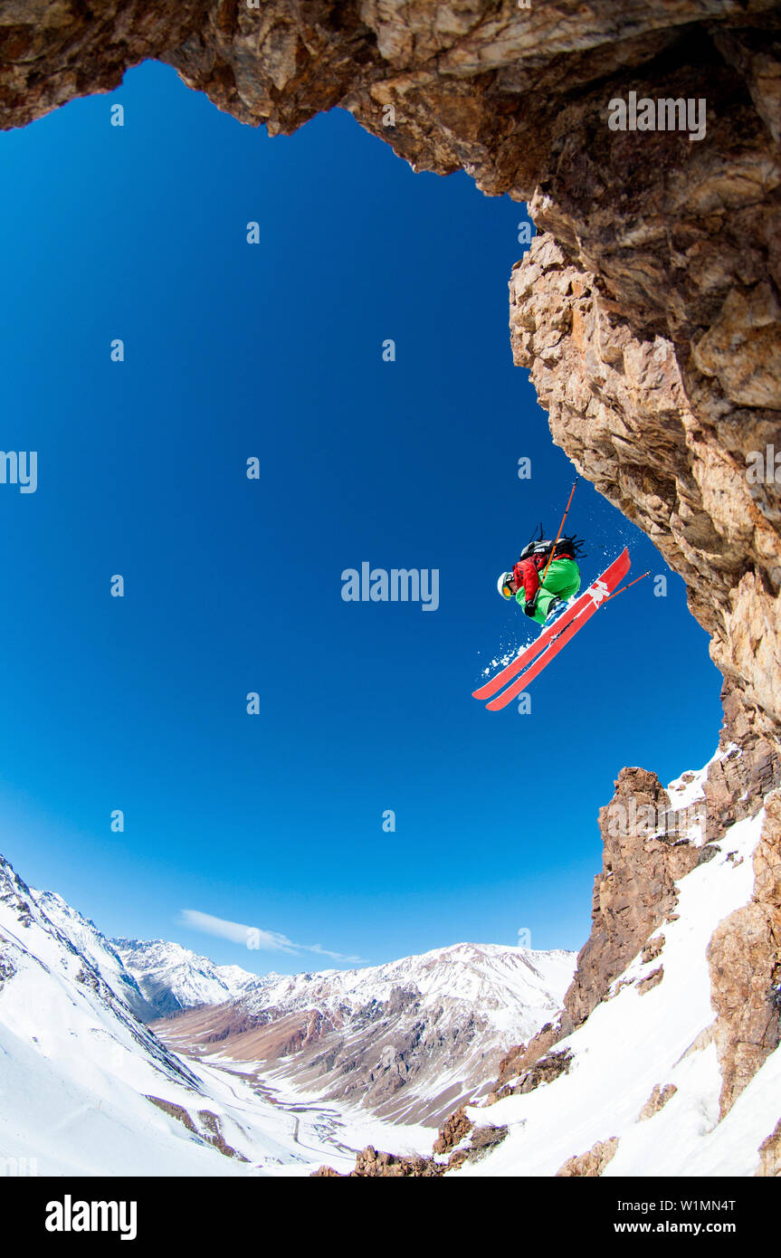 Skier jumping, Los Penitentes, Mendoza Province, Argentina Stock Photo