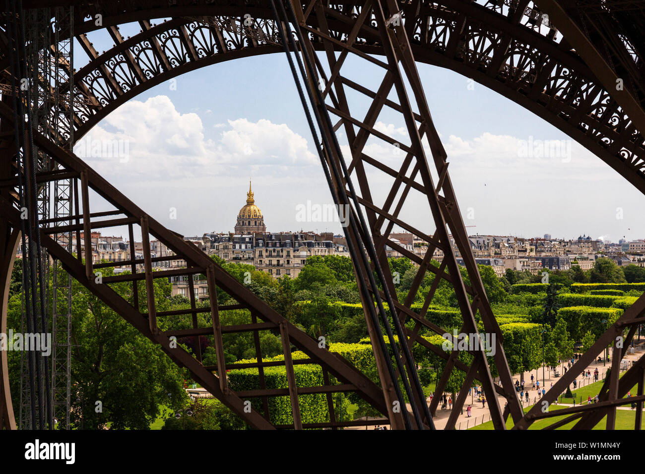Champ de Mars and Dome des Invalides as seen from a lower level of the Eiffel Tower, Paris, France, Europe Stock Photo