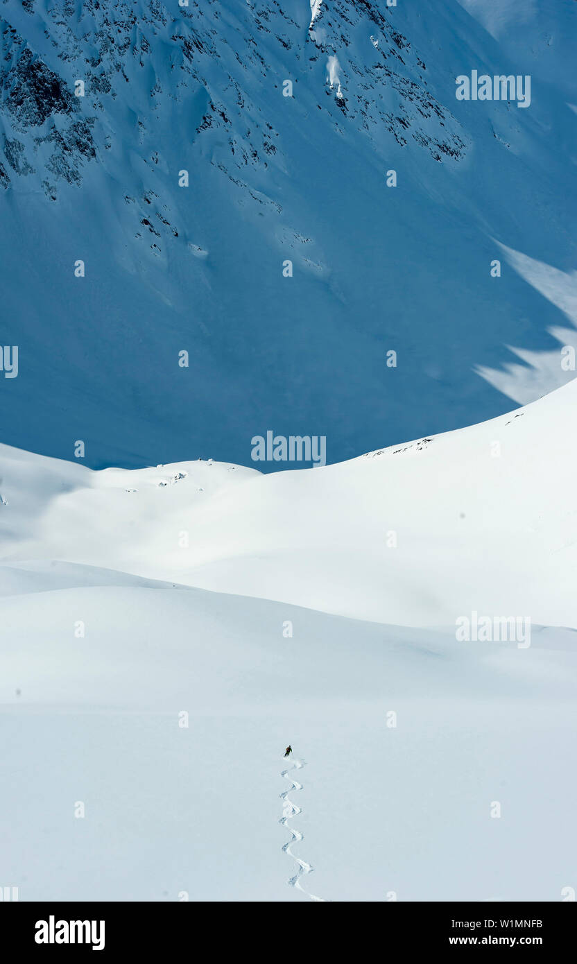 Skier downhill skiing in deep snow, Chugach Powder Guides, Girdwood, Alaska, USA Stock Photo