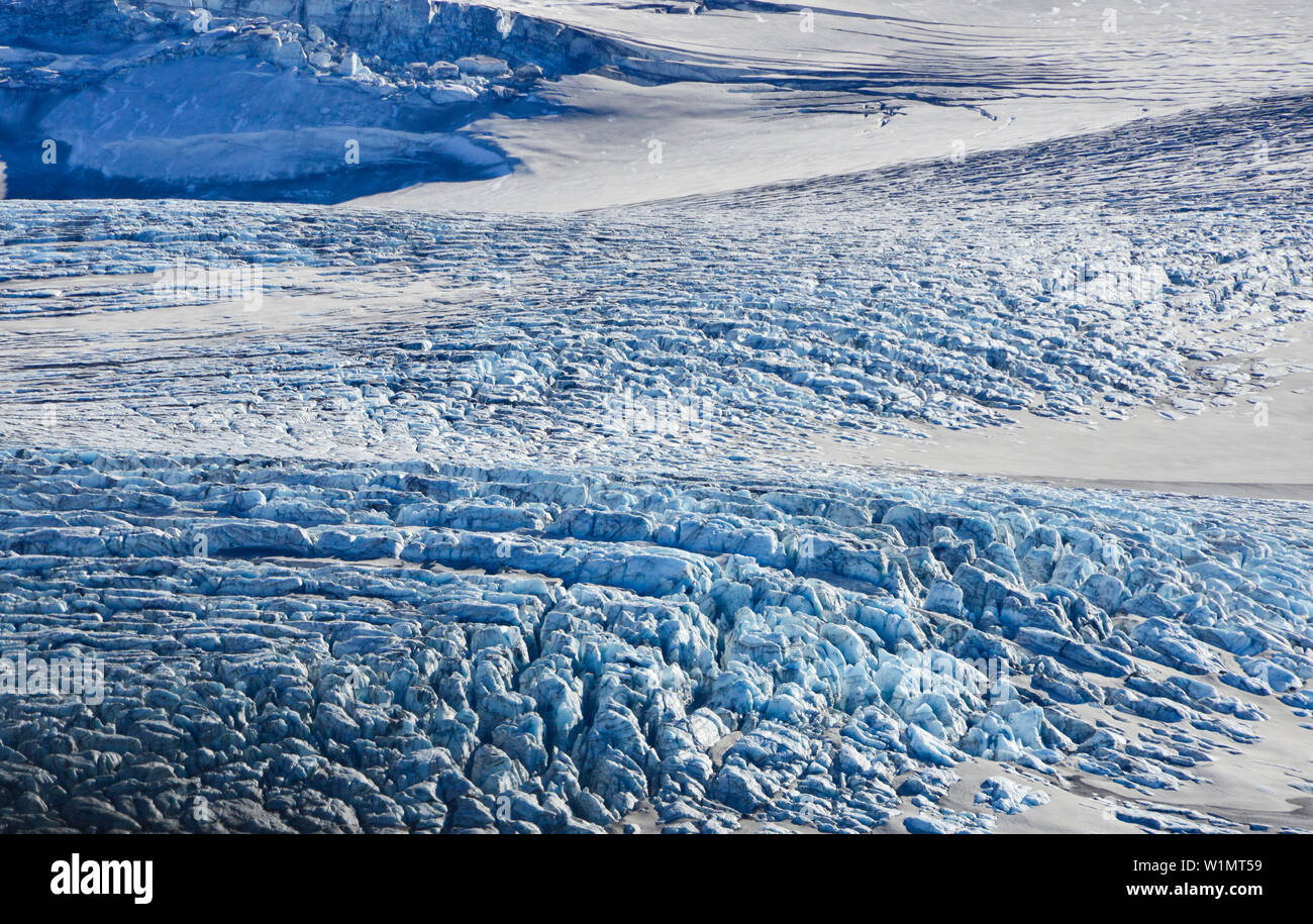 Aerial view of icebergs and crevasses at glaciated volcano Katla, glacier Myrdalsjokull, Highlands, South Iceland, Iceland, Europe Stock Photo