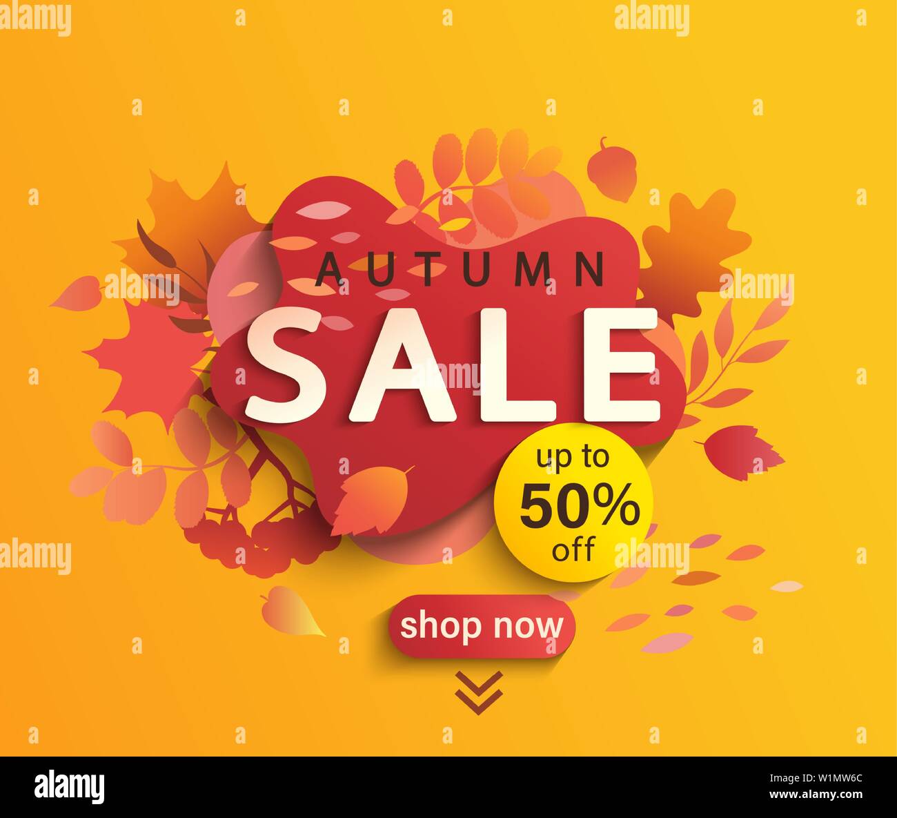 Autumn sale banner, fall season discount poster with falling leaves and shadow of rowan and acorn, 50 percent price off for shopping promotions,prints Stock Vector
