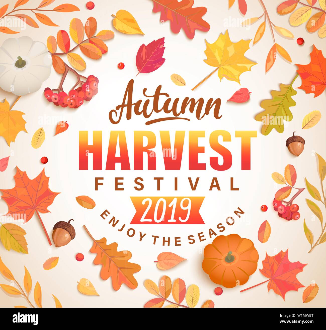 Autumn Harvest Festival banner for fall fest 2019.Background with scattered seasonal fall leaves,rowan,pumpkin, acorns for nice season holiday.Perfect Stock Vector