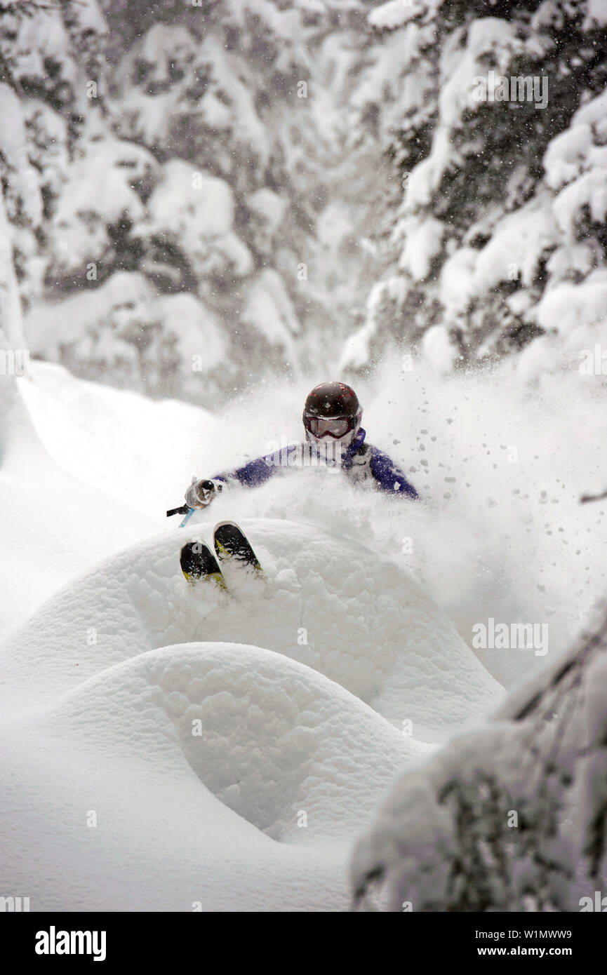 Skier downhill skiing in deep snow, St Anton am Arlberg, Tyrol, Austria Stock Photo