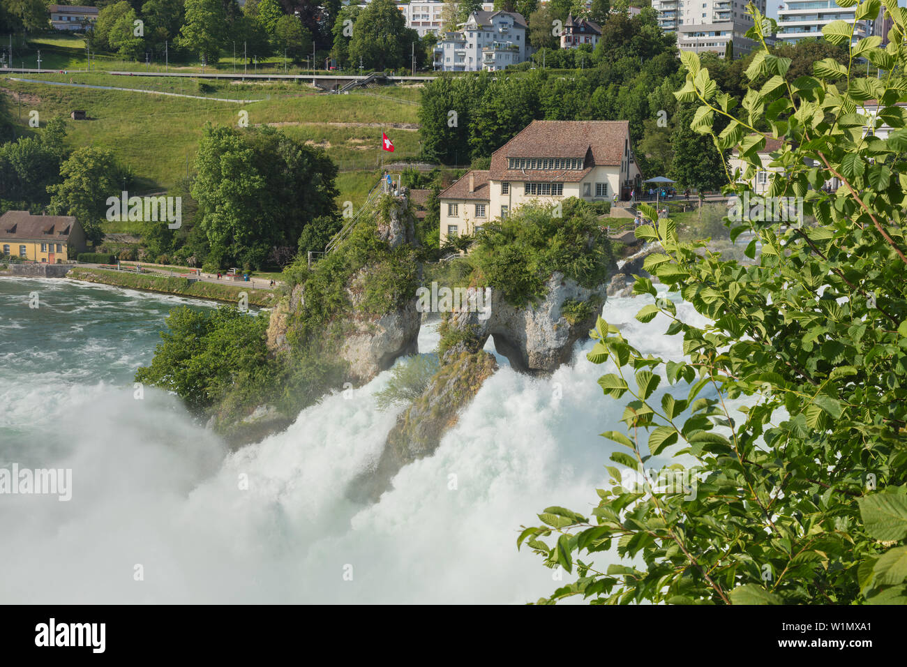Laufen, Switzerland - June 7, 2019: the Rhine Falls waterfall as seen from the Laufen Castle. The Rhine Falls waterfall (German: Rheinfall) is located Stock Photo