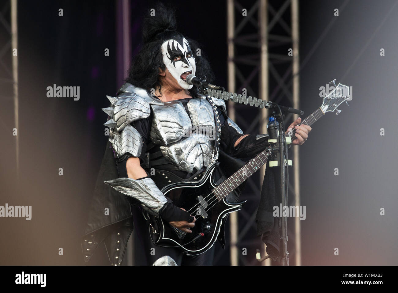 Oslo, Norway - June 27, 2019. The American rock band Kiss performs a live concert during the Norwegian music festival Tons of Rock 2019 in Oslo. Here vocalist and bass player Gene Simmons seen live on stage. (Photo credit: Gonzales Photo - Per-Otto Oppi). Stock Photo