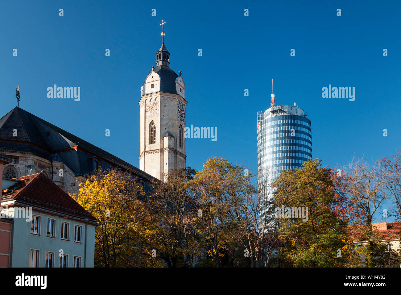 St. Michael Church and Jentower, Kirchplatz, Jena city, Thuringia, Germany, Europe Stock Photo