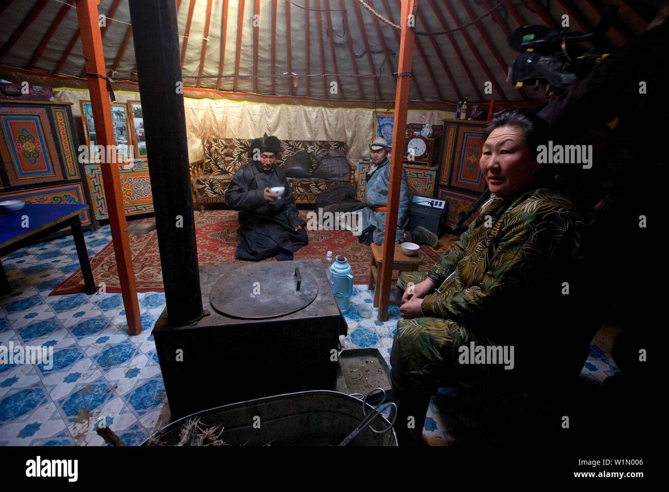 Inside a Mongolian nomad yurt, Mongolia Stock Photo