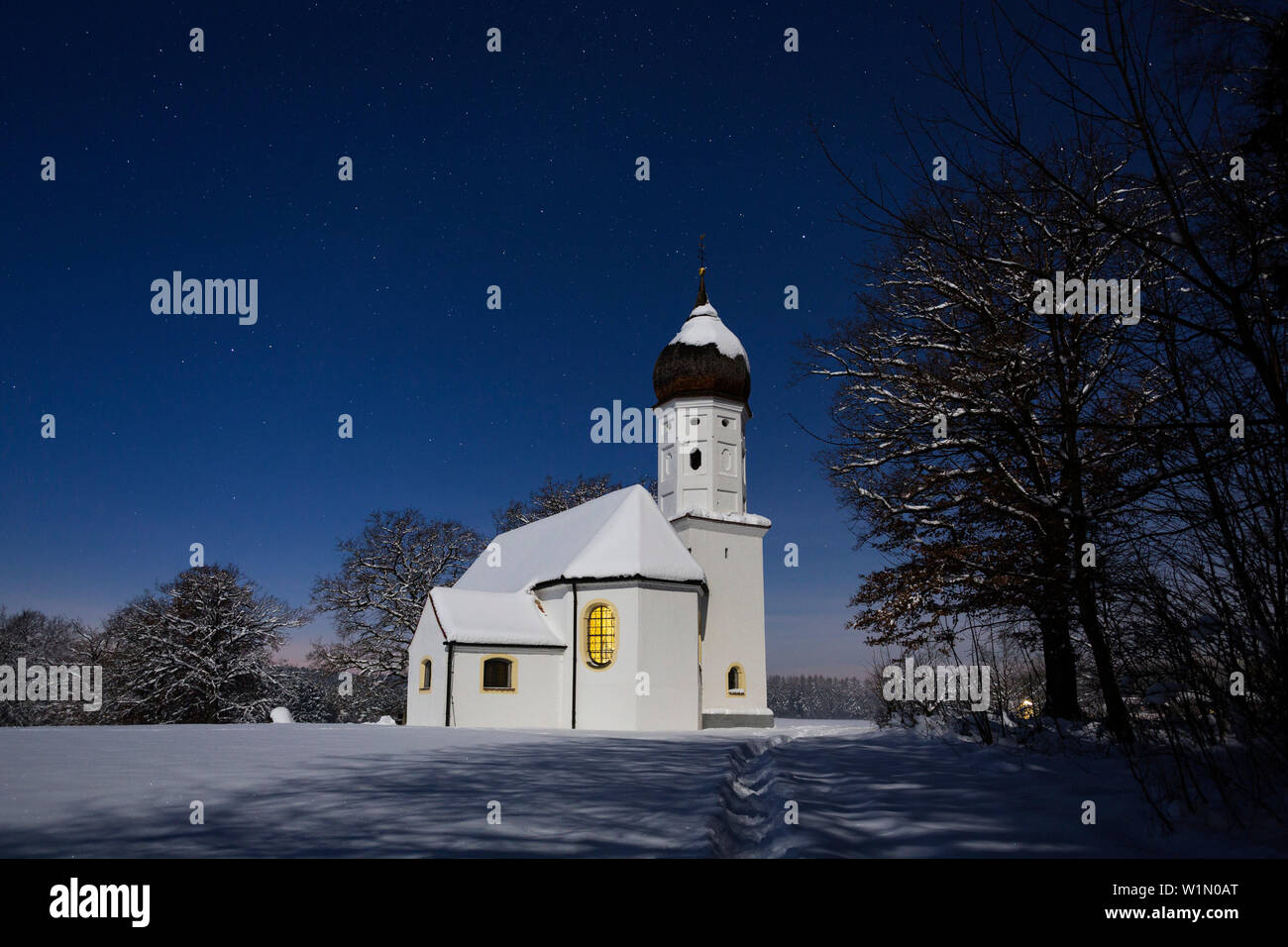 Hub-chapel under starry sky at moonlight, Penzberg, Upper Bavaria, Germany, Europe Stock Photo