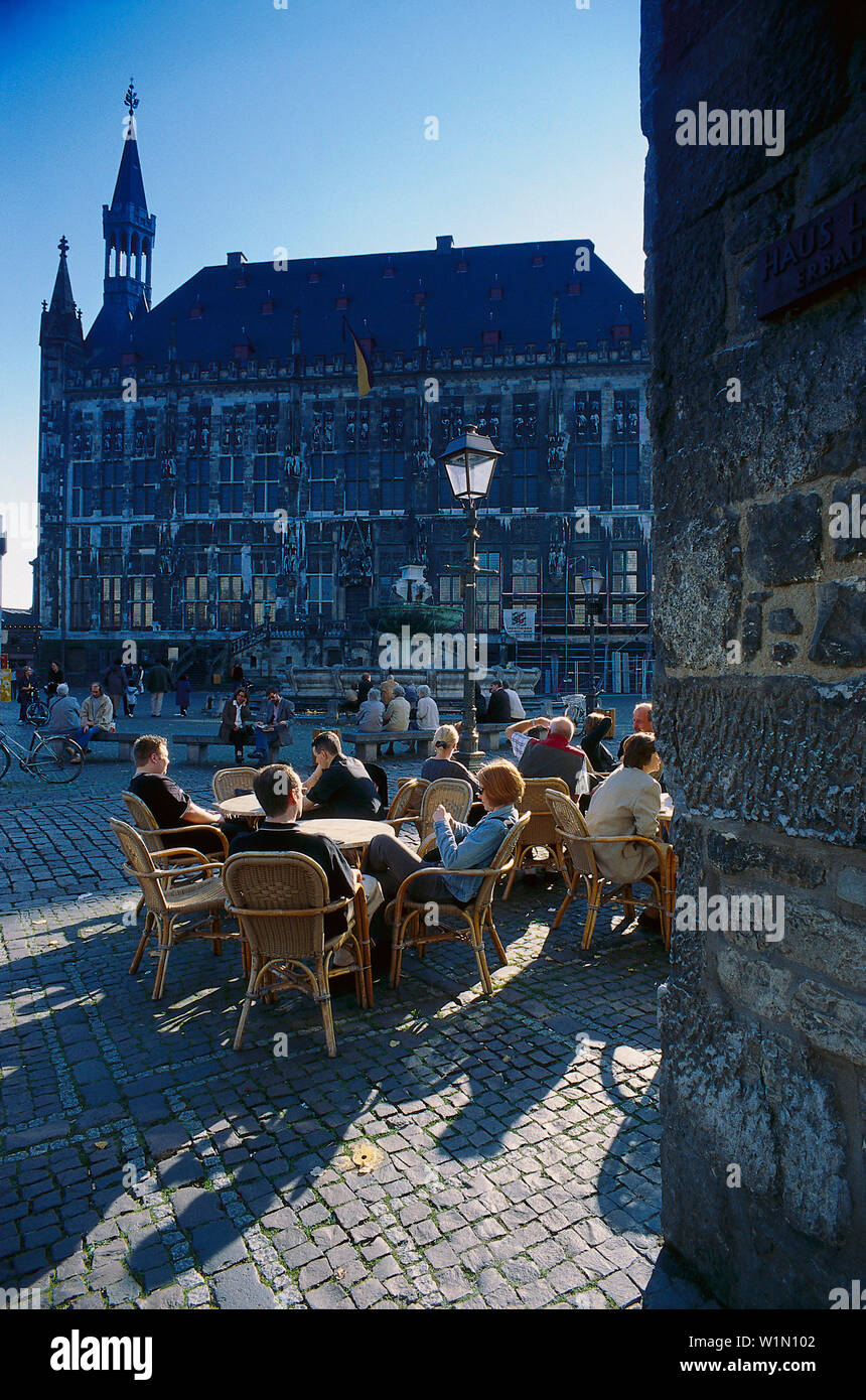 Streetcafé at the Market, Town Hall, Aachen, Nordrhein-Westfalen Germany Stock Photo