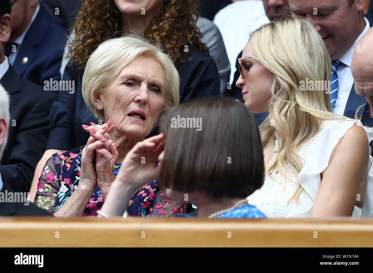 London, UK. Wimbledon, 3rd July 2019, The All England Lawn Tennis and Croquet Club, Wimbledon, England, Wimbledon Tennis Tournament, Day 3; Great British Bake Off judge Mary Berry chats in the royal box Credit: Action Plus Sports Images/Alamy Live News Stock Photo