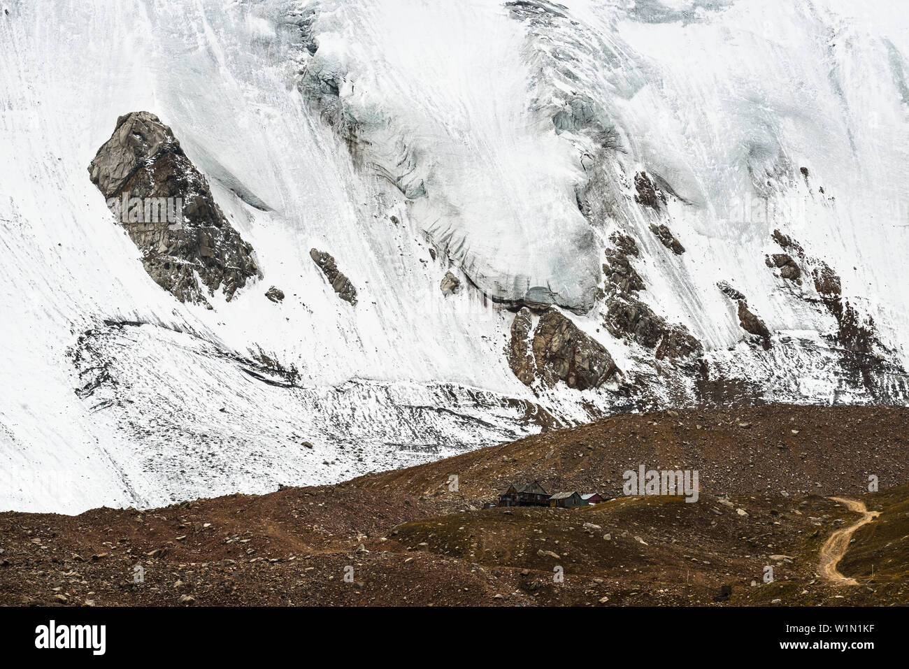 Glaciological research station at Tujuksu glacier at Peak Lokomotiv, Sailiski Alatau, National Park Ile Alatau, Almaty region, Kazakhstan, Central Asi Stock Photo