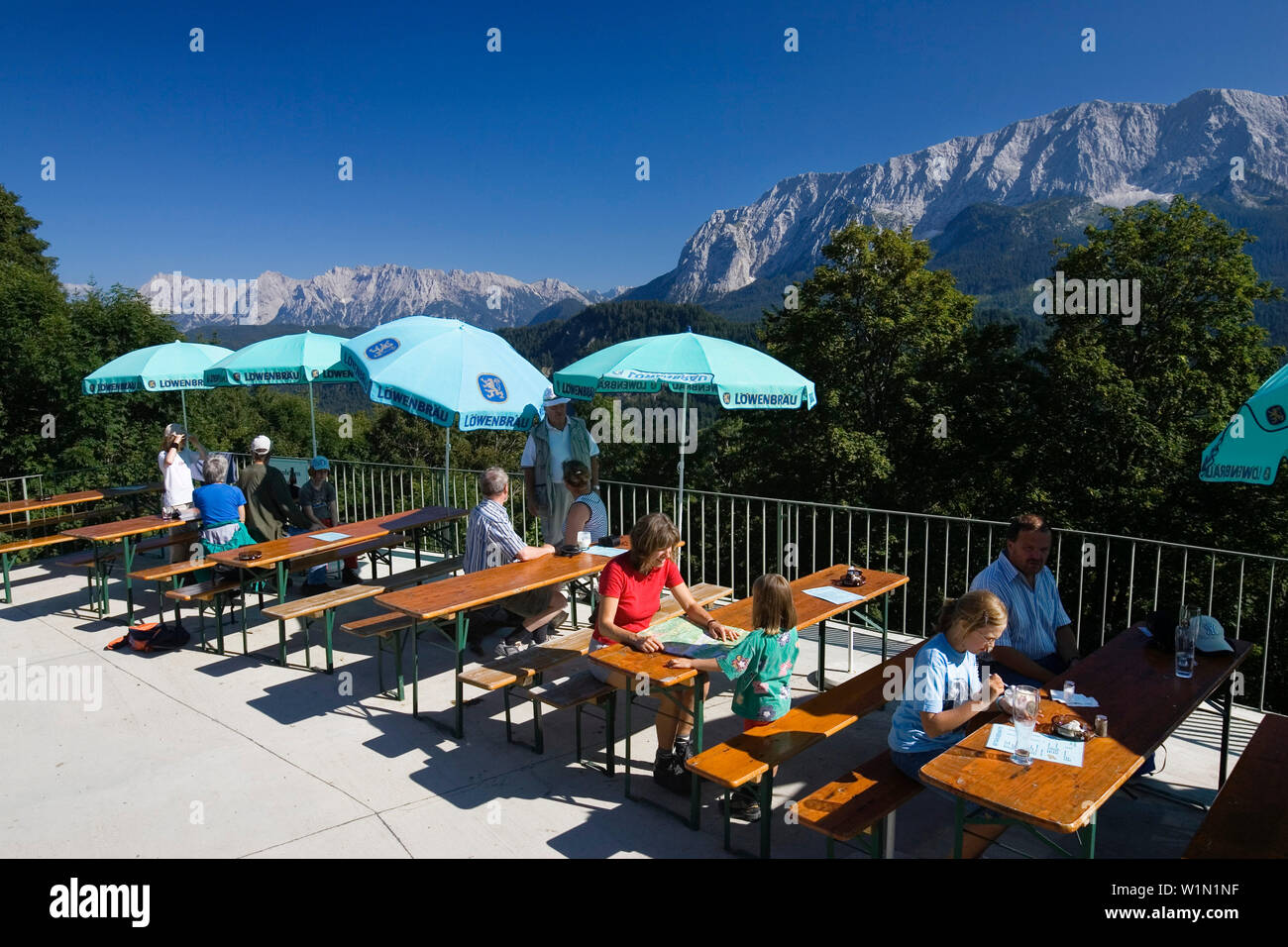 panorama terrasse, Eckbauer Inn, Graseck near Garmisch, view on Karwendel mountains, Alps, Bavaria, Germany Stock Photo