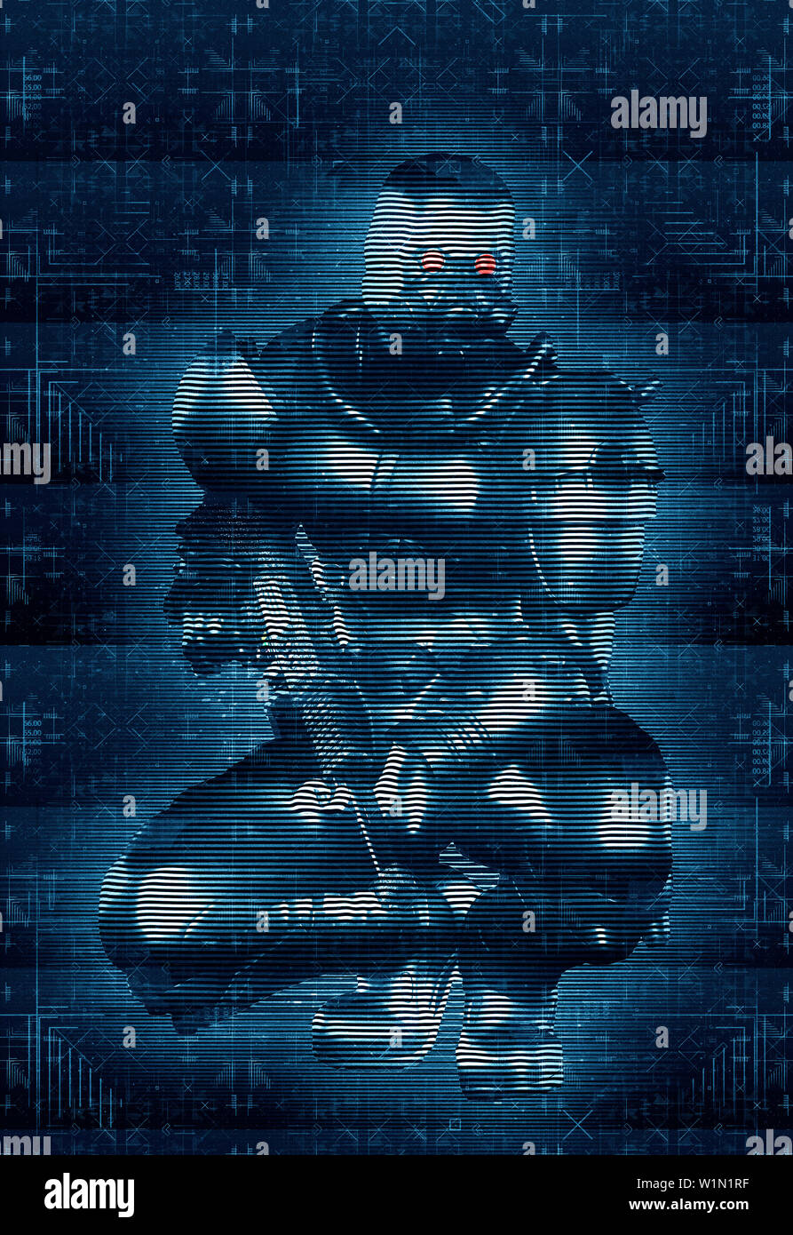 Concept of a soldier in a cyberspace war, holographic image style, 3d render, Stock Photo