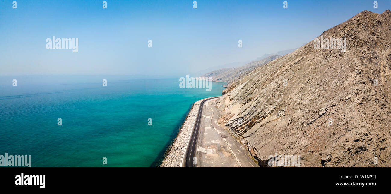 Coastal road and seaside in Oman aerial panoramic view Stock Photo