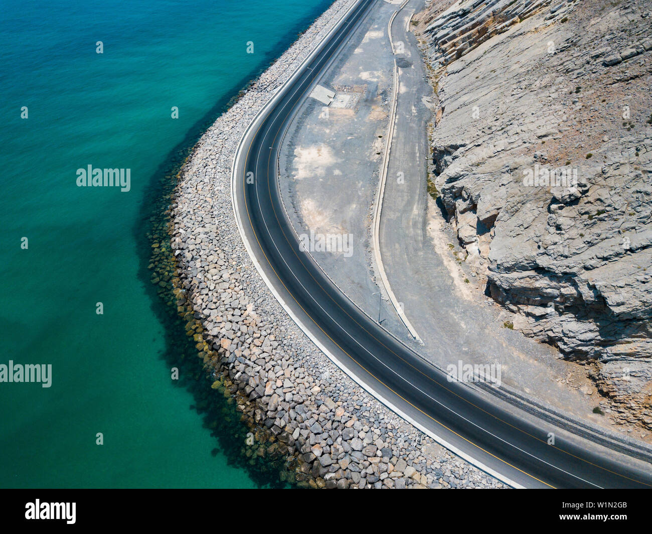 Coastal road and seaside in Musandam Governorate of Oman aerial view Stock Photo