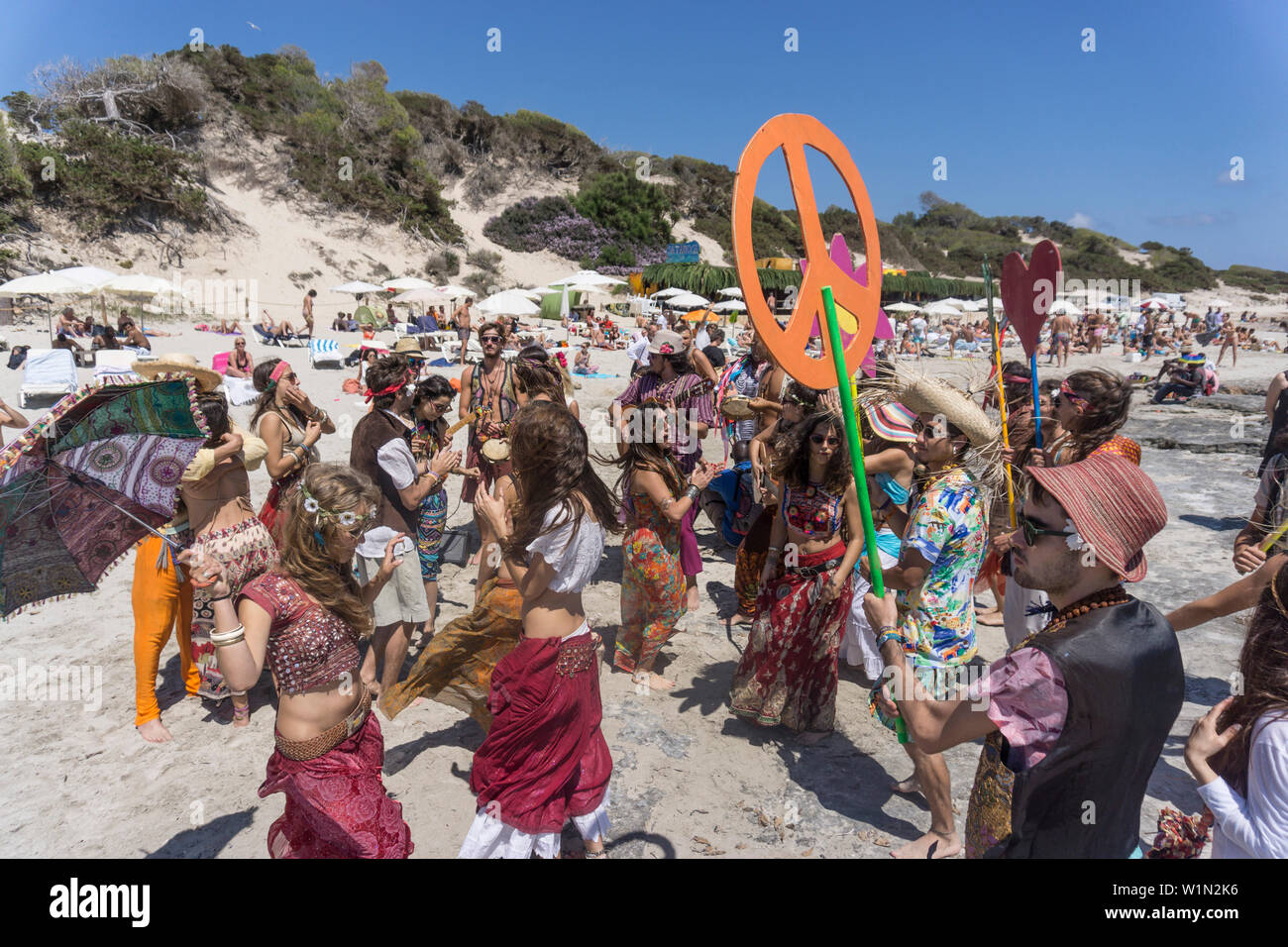 Promotion Group for Flower Power Party at Pacha Club, Playa ses Salines, Ibiza, Spain Stock Photo
