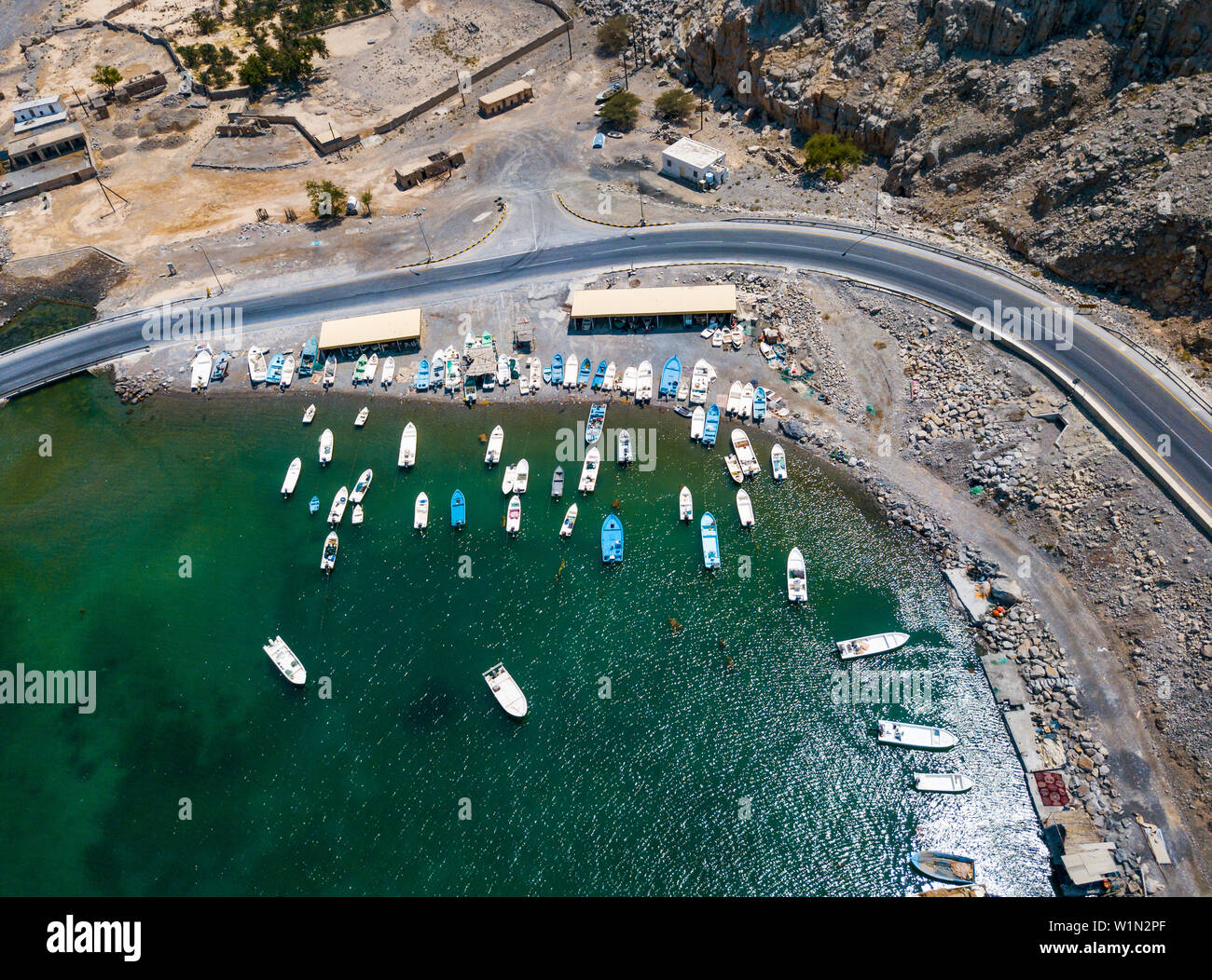 Scenic coastal highway and fjords of Musandam in Oman aerial view Stock Photo