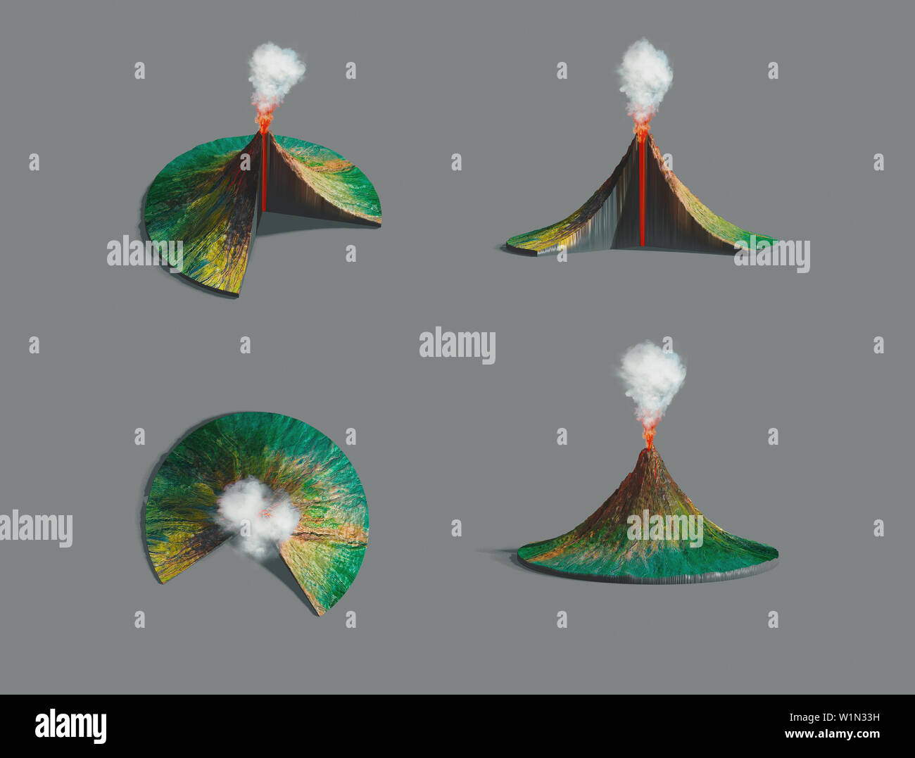 Volcano structure. Original hand painted illustration, 3d rendering Stock Photo