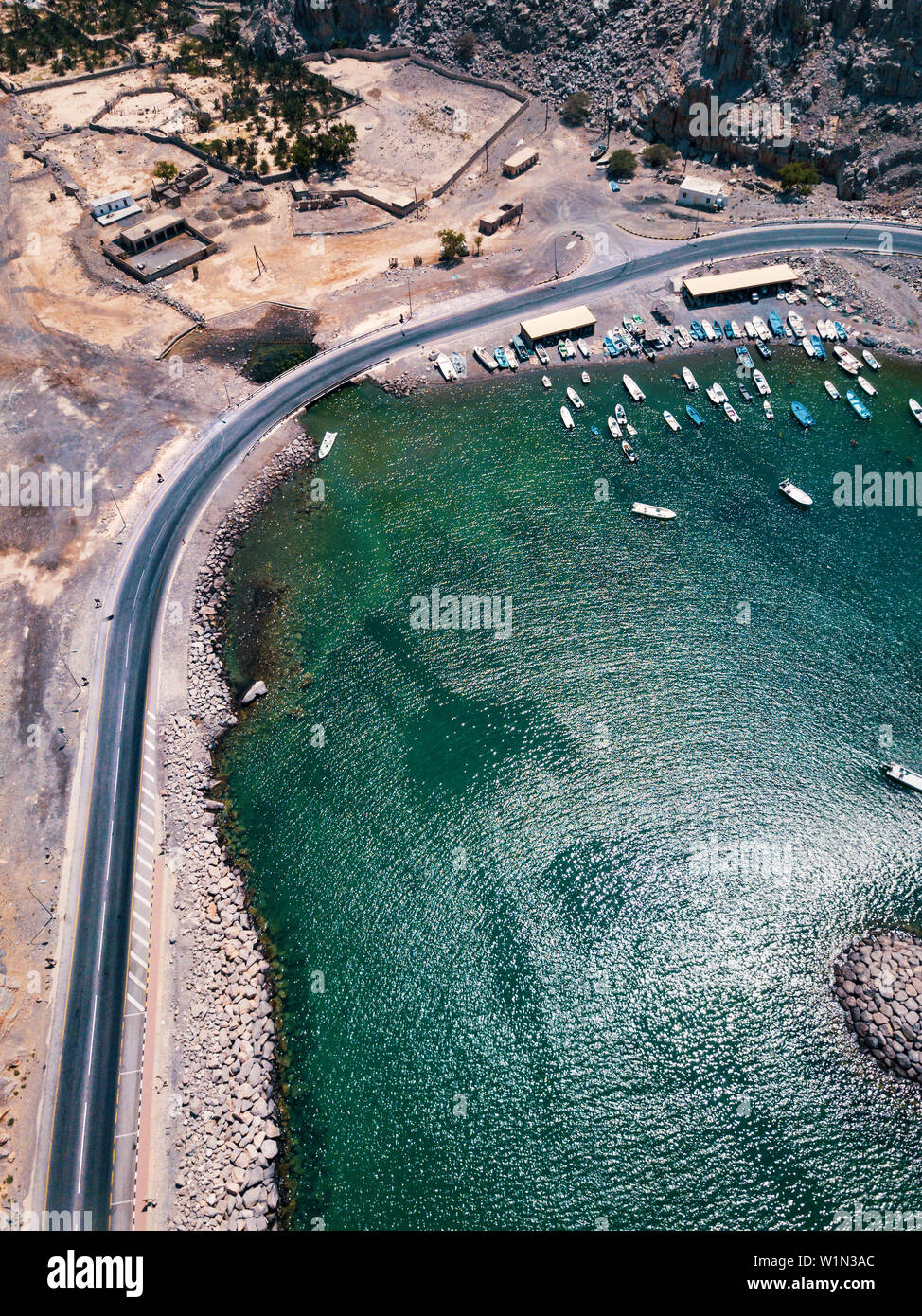 Scenic coastal highway and fjords of Musandam in Oman aerial view Stock Photo