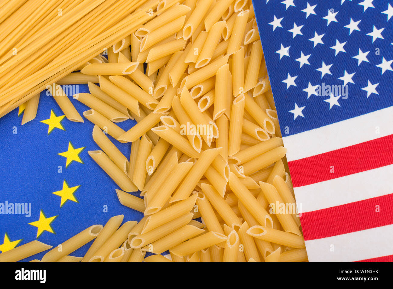 May 2019 US proposes trade tariffs tax on imported EU pasta. Metaphor US-EU  trade dispute, Trump trade war, import taxes by America, Stars and Stripes  Stock Photo - Alamy