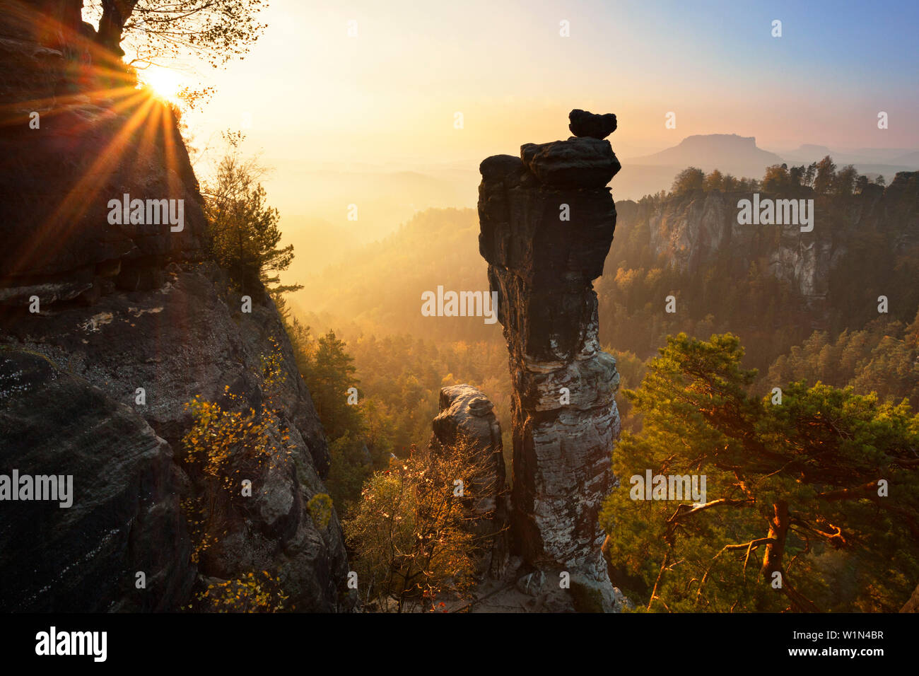 Wehlnadel, view to Bastei rocks, Lilienstein in the background, National Park Saxon Switzerland, Elbe Sandstone Mountains, Saxony, Germany Stock Photo