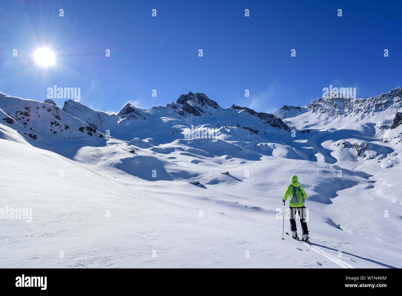 Woman back-country skiing ascending towards Rocca La Marchisa, Rocca La Marchisa, Valle Varaita, Cottian Alps, Piedmont, Italy Stock Photo