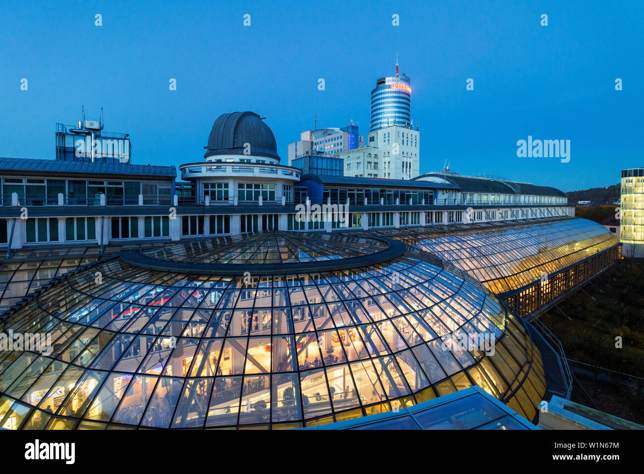 Goethe Gallery at dusk with observatory, Jentower in the background, Jena, Thuringia, Germany, Europe Stock Photo
