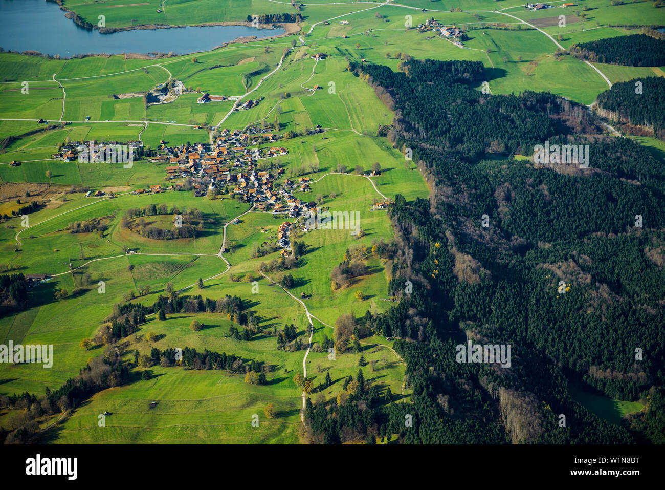 Aerial photo, village and meadows near Riegsee, Upper Bavaria, Bavaria, Germany Stock Photo