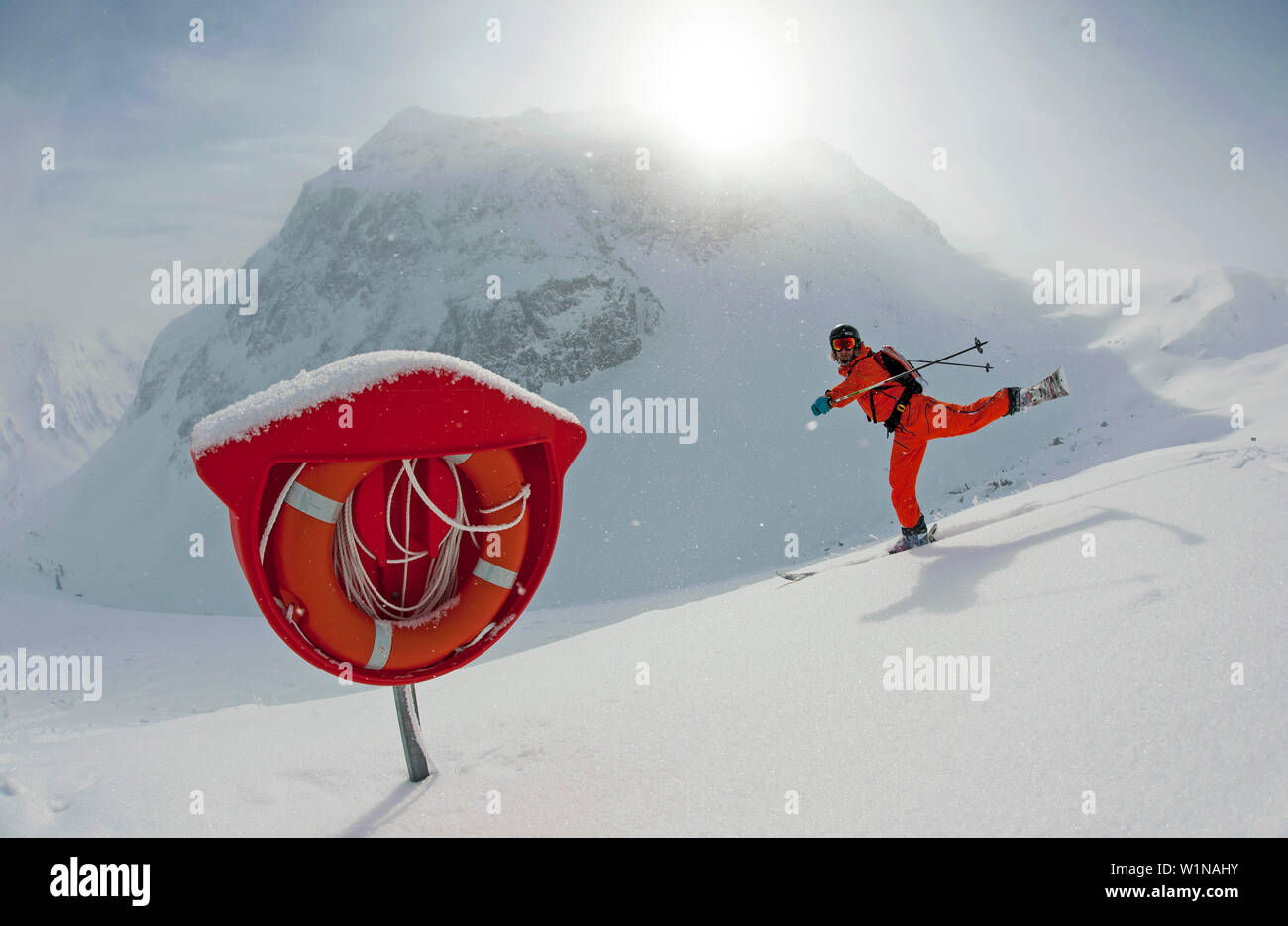 Lifebelt, skier in background, Gargellen, Montafon, Vorarlberg, Austria Stock Photo