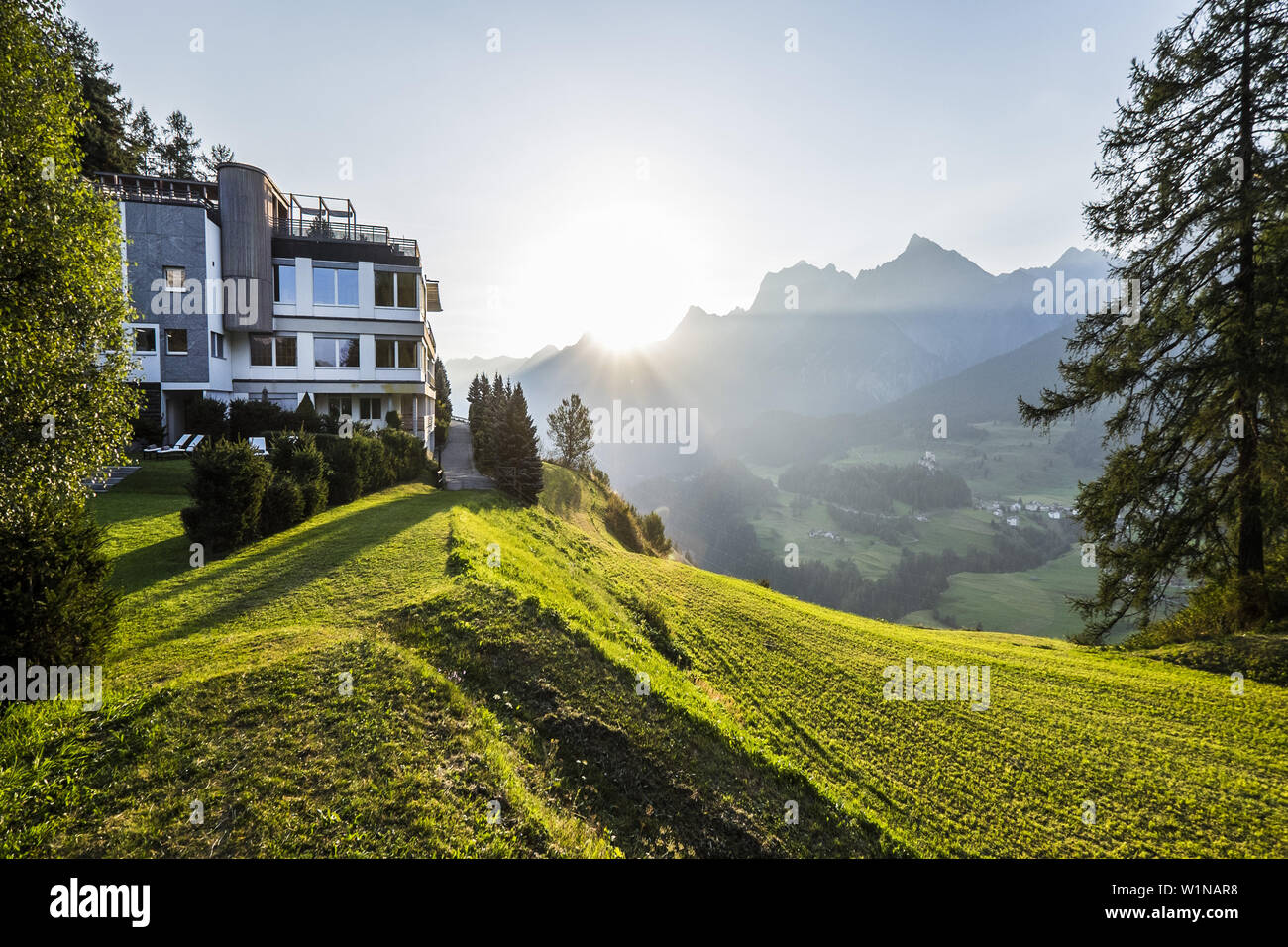 hotel Paradies, village of Ftan, community Scoul, Unterengadin, Grisons, Switzerland Stock Photo