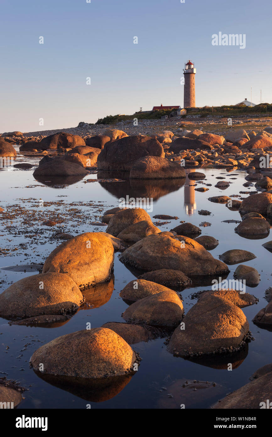 Gentle coast with the lighthouse Lista fyr in the morning sun, Farsund, Vest-Agder, Norway, Scandinavia Stock Photo