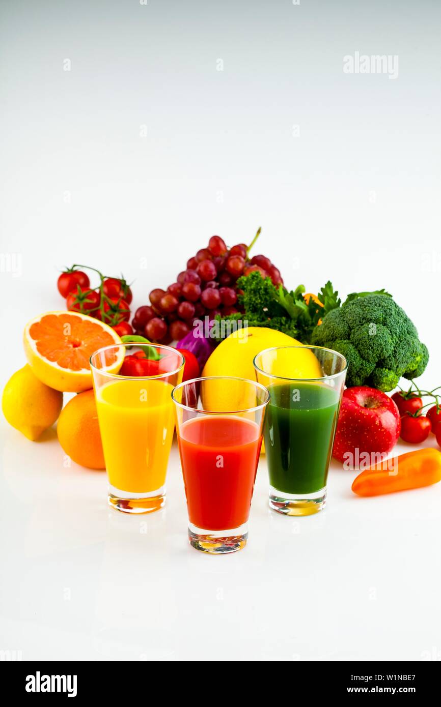 orange juice, tomato juice, greenvegetablejuice, fruit, vegetables Stock Photo