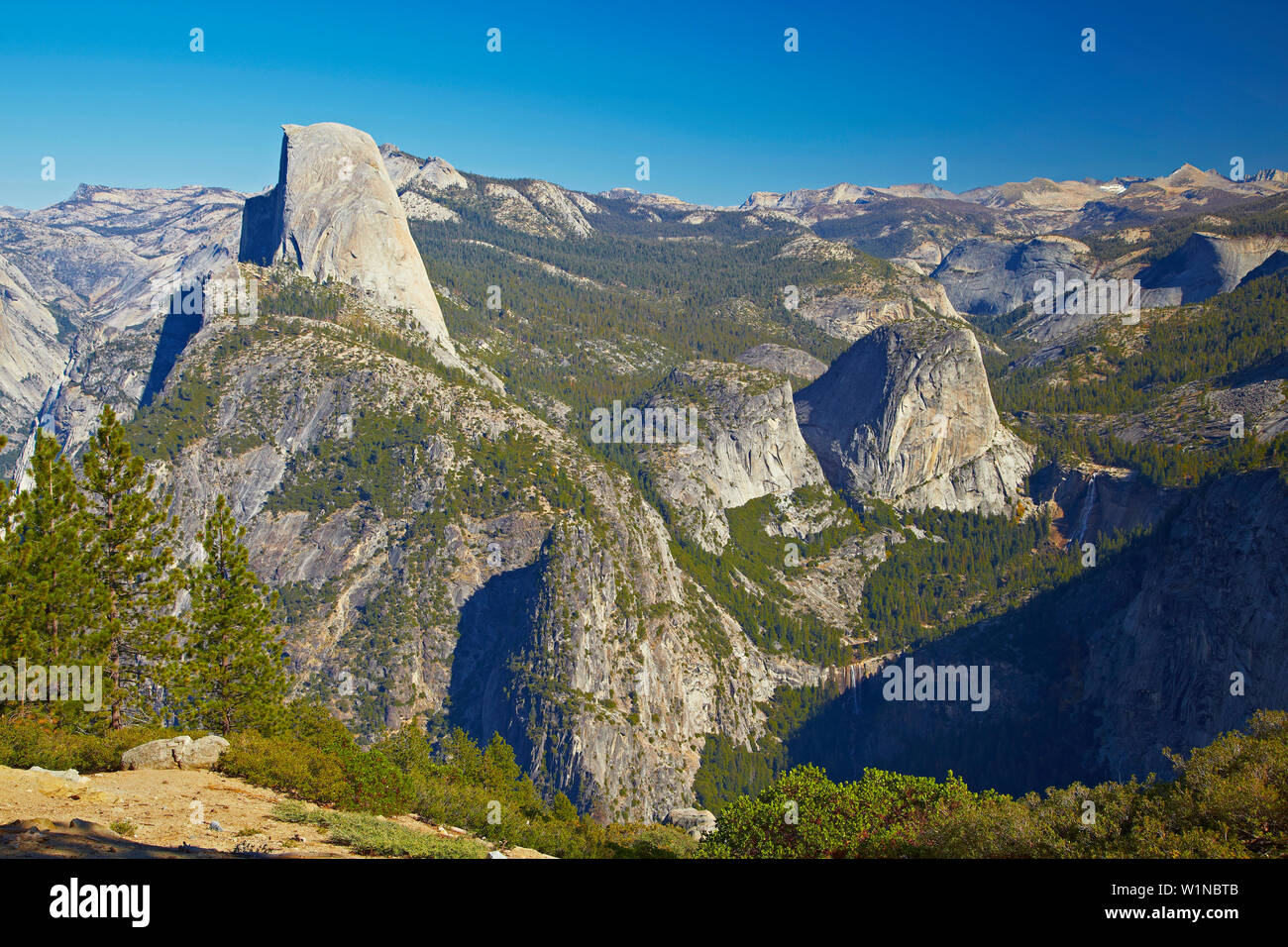 View from Glacier Point at Half Dome , Nevada Fall , Vernal Fall , Yosemite National Park , Sierra Nevada , California , U.S.A. , America Stock Photo