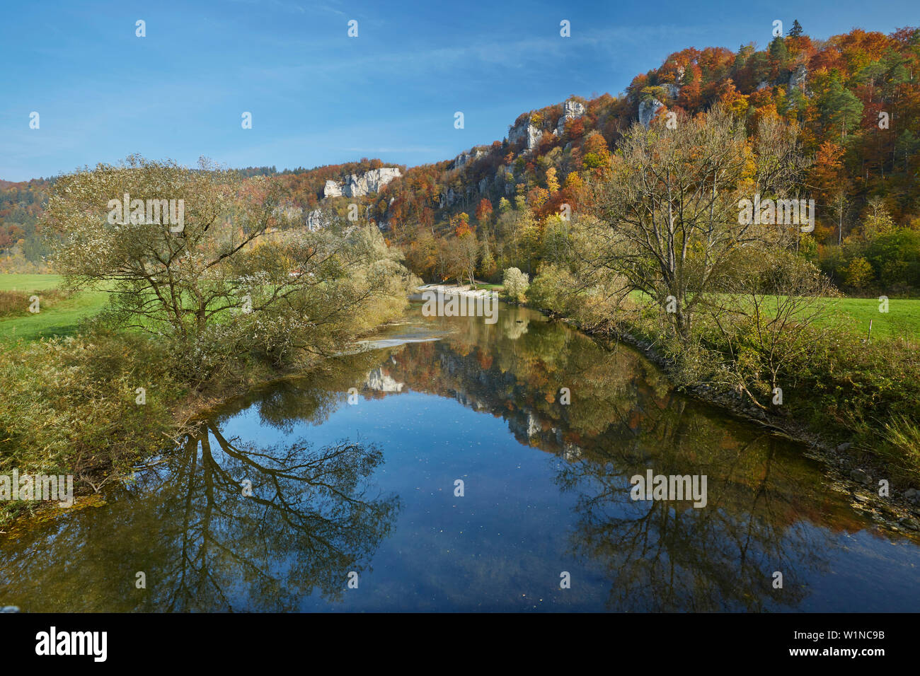 Autumnal tints at Beuron , River Danube , Schwäbische Alb , Baden-Württemberg , Germany , Europe Stock Photo