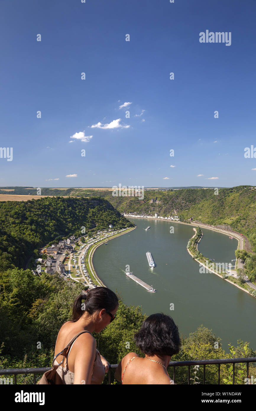 View over the Rhine with Saint Goar and Saint Goarshausen, Upper Middle Rhine Valley, Rheinland-Palatinate, Germany, Europe Stock Photo