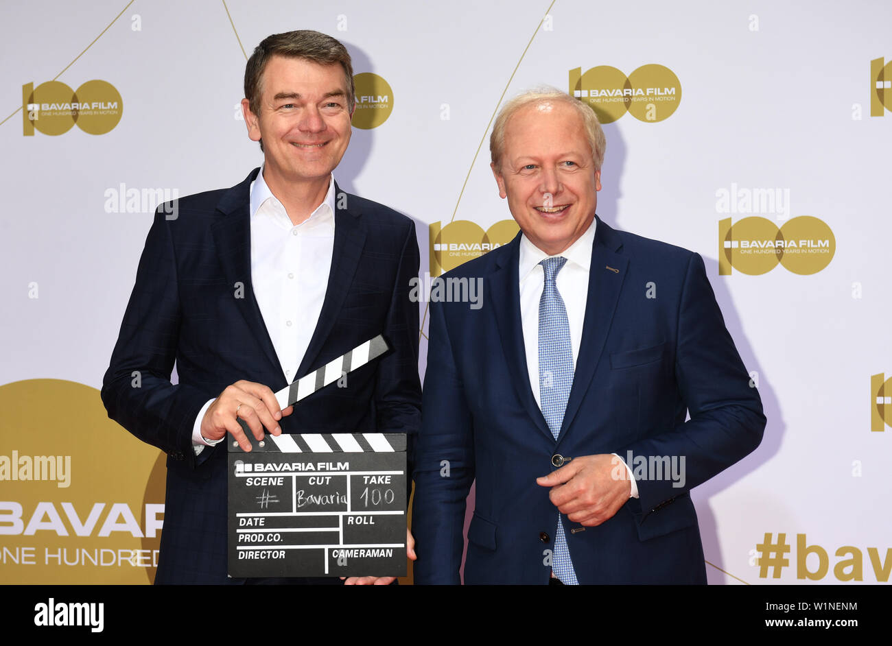 02 July 2019, Bavaria, Munich: The journalists Jörg Schönenborn and Tom Buhrow stand at the reception of the Bavaria Film on the Red Carpet at the Filmfest Munich which takes place from 27.06.2019 to 06.07.2019. Photo: Felix Hörhager/dpa Stock Photo
