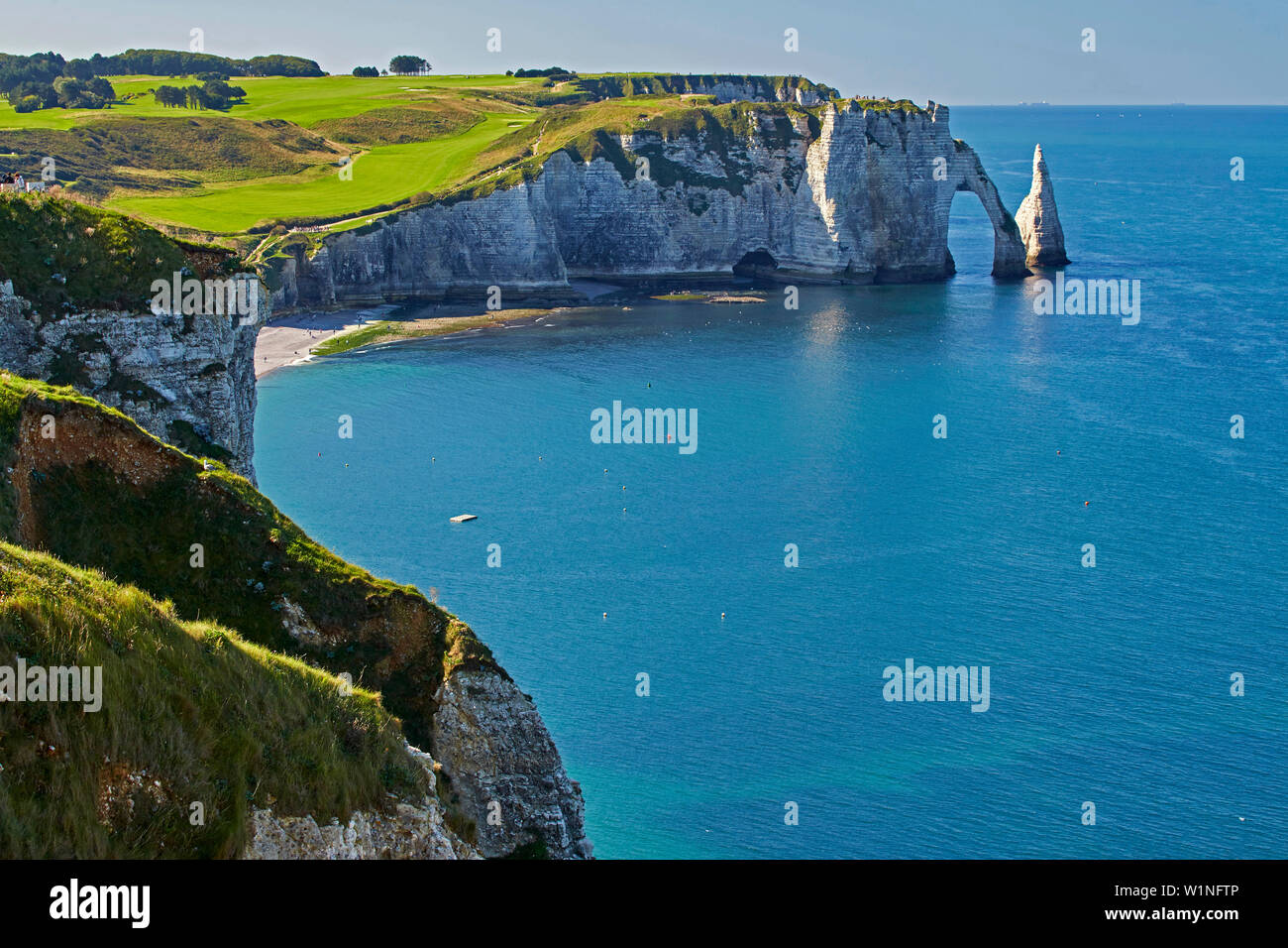 Steep coast at Étretat and the, Falaise d' Aval, Dept. Seine-Maritime, Normande, France, Europe Stock Photo