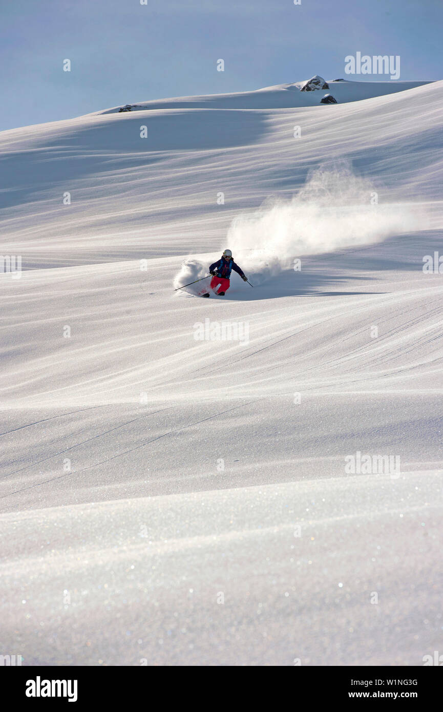 Skier downhill skiing in powder snow, Hochfugen, Fugenberg, Zillertal, Tyrol, Austria Stock Photo