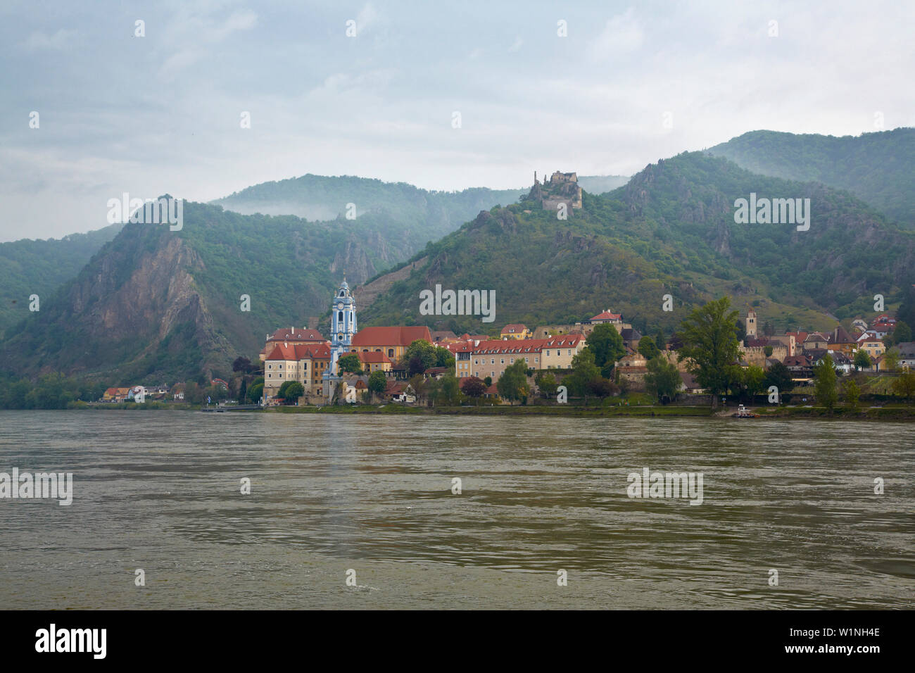 View at Dürnstein with Collegiate Church and castle ruin , Wachau , River Danube , Niederösterreich , Lower Austria , Austria , Europe Stock Photo